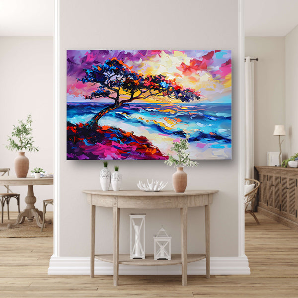 Kleurrijk abstract schilderij van boom en zee poster