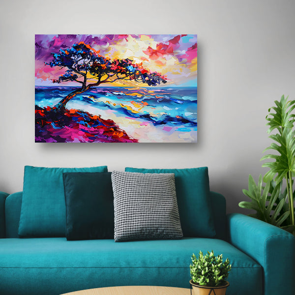 Kleurrijk abstract schilderij van boom en zee poster