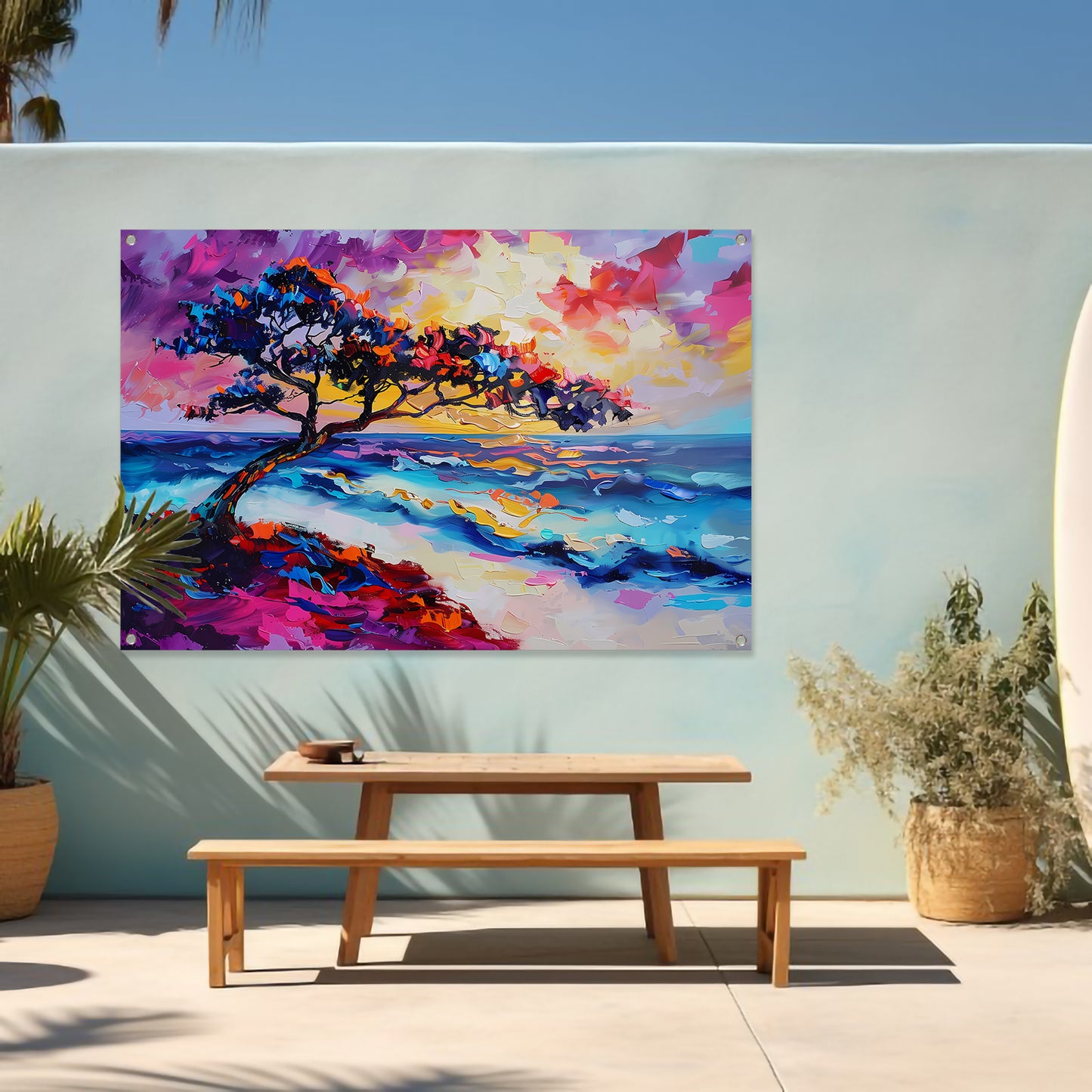Kleurrijk abstract schilderij van boom en zee tuinposter