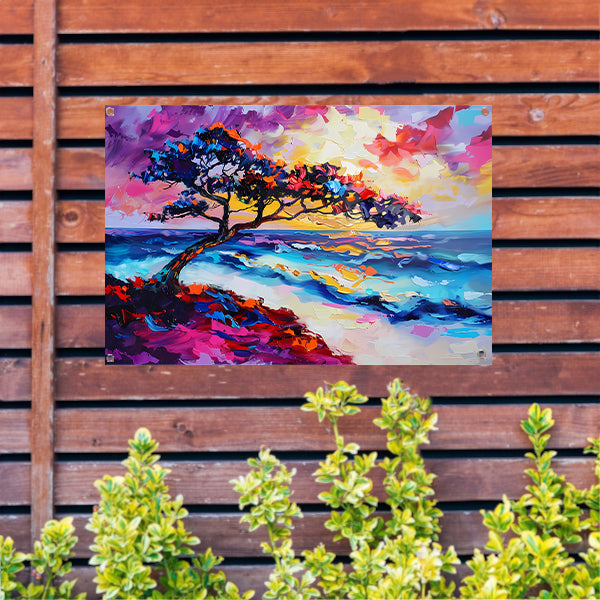 Kleurrijk abstract schilderij van boom en zee tuinposter