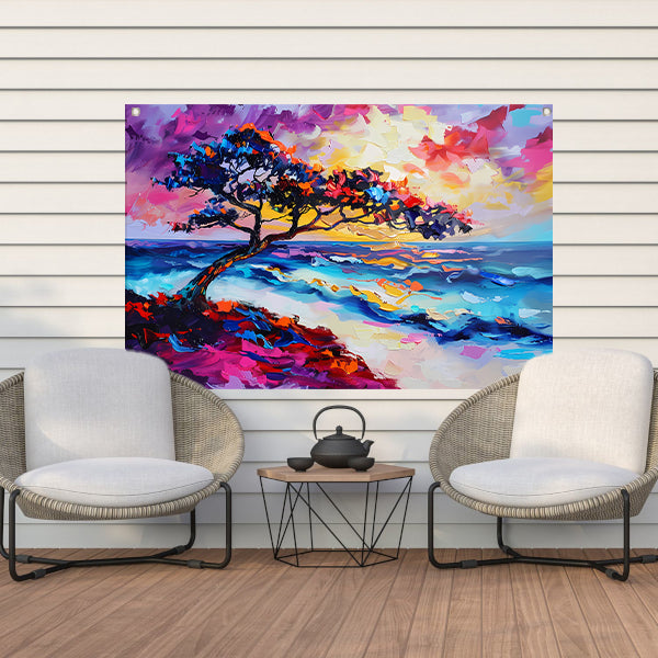 Kleurrijk abstract schilderij van boom en zee tuinposter