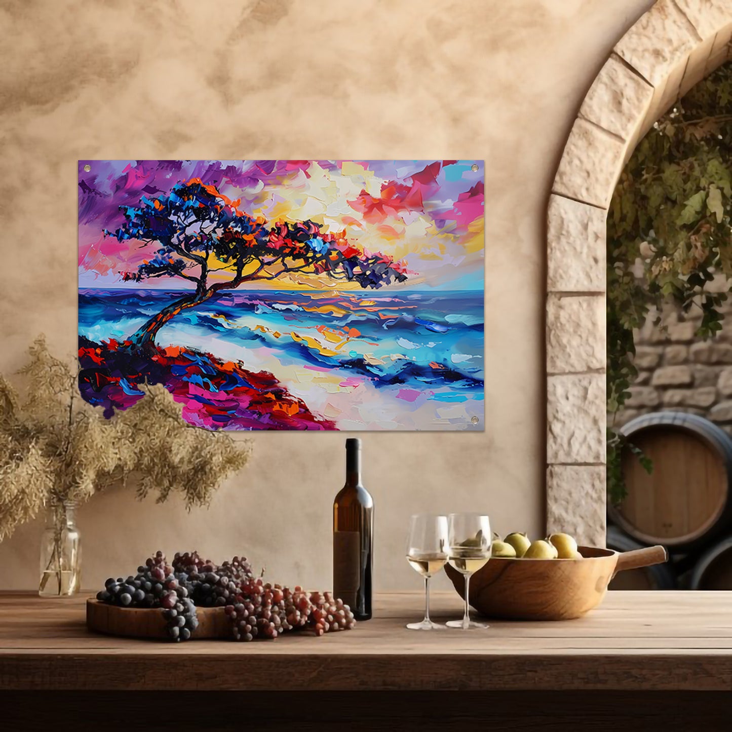 Kleurrijk abstract schilderij van boom en zee tuinposter