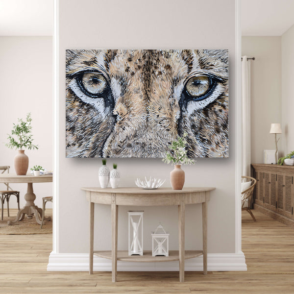 Surrealistische close-up van leeuwenogen schilderij canvas