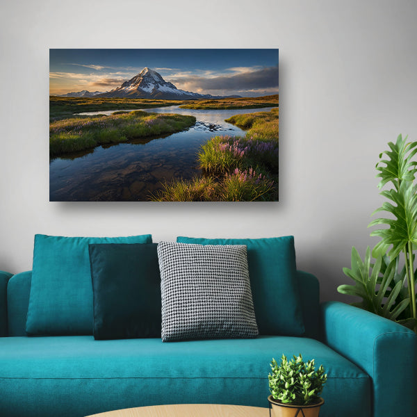 Adembenemend berglandschap met rivier en bloemen poster