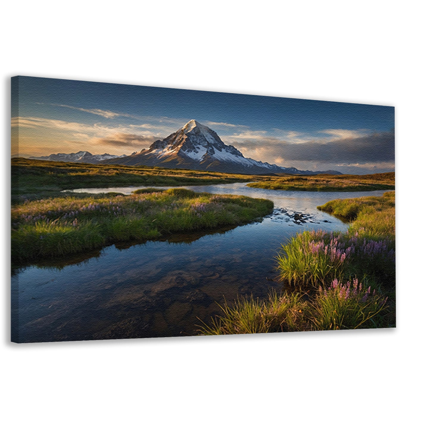 Adembenemend berglandschap met rivier en bloemen canvas