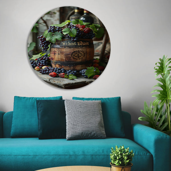 Stilleven met druiven, aardbeien en houten vat aluminium muurcirkel