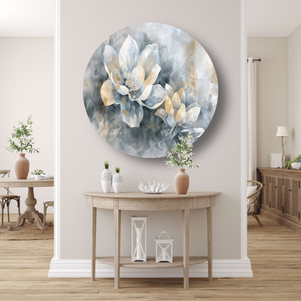 Monochrome Bloemen Abstractie in Grijs en Beige forex muurcirkel