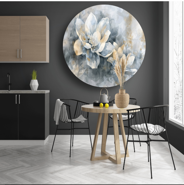 Monochrome Bloemen Abstractie in Grijs en Beige forex muurcirkel
