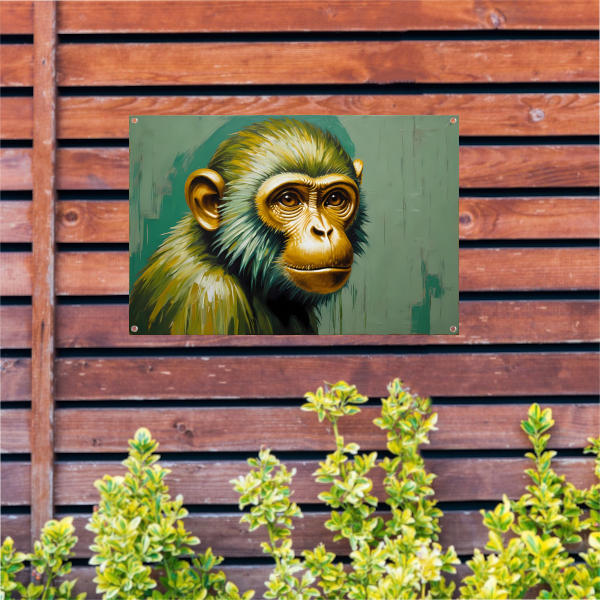 Expressieve Digitale Aap met Gouden Glans tuinposter