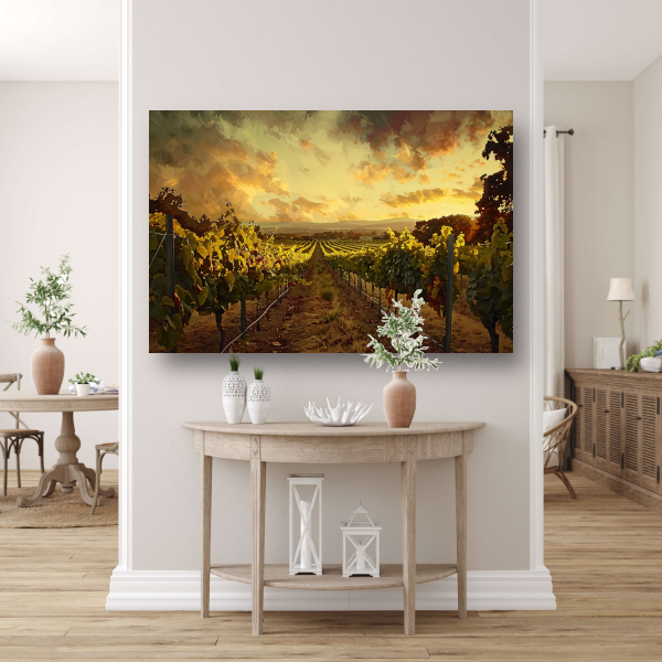 Herfstzon gloeit over golvende wijngaard canvas