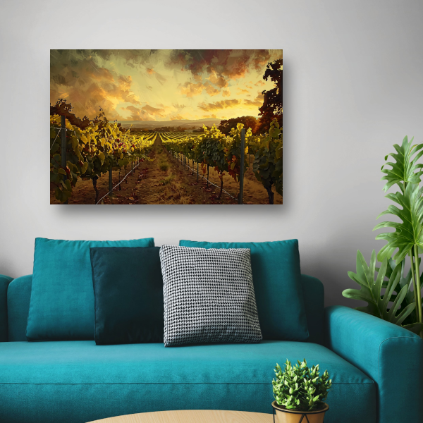 Herfstzon gloeit over golvende wijngaard canvas