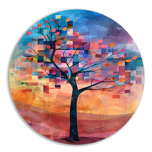 Abstracte boom in kleurrijk landschap aluminium muurcirkel