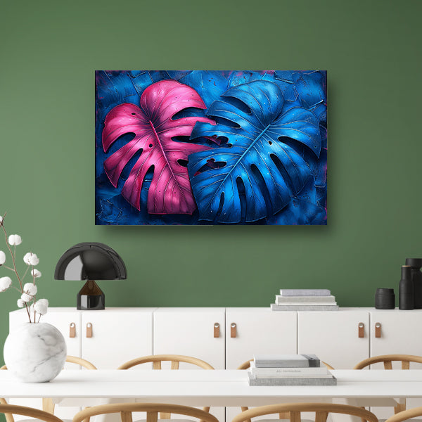 Abstract bladeren in roze en blauw canvas