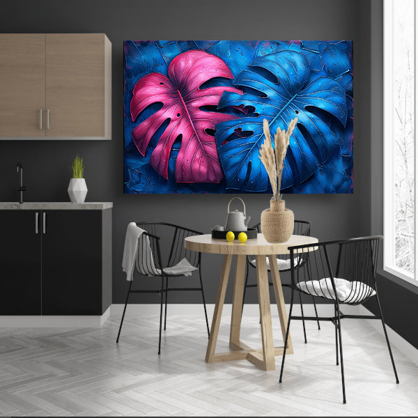 Abstract bladeren in roze en blauw canvas