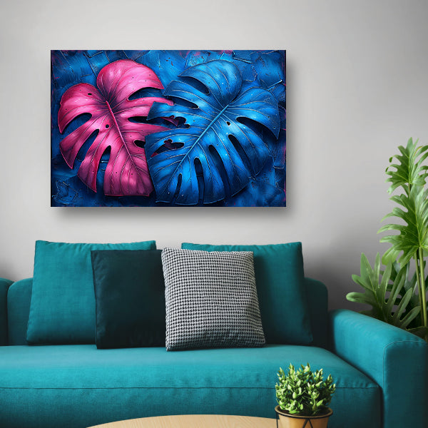 Abstract bladeren in roze en blauw canvas