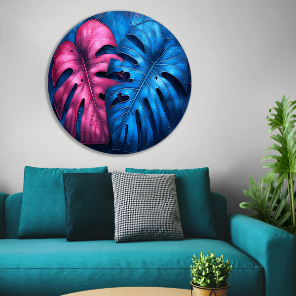 Abstract bladeren in roze en blauw aluminium muurcirkel
