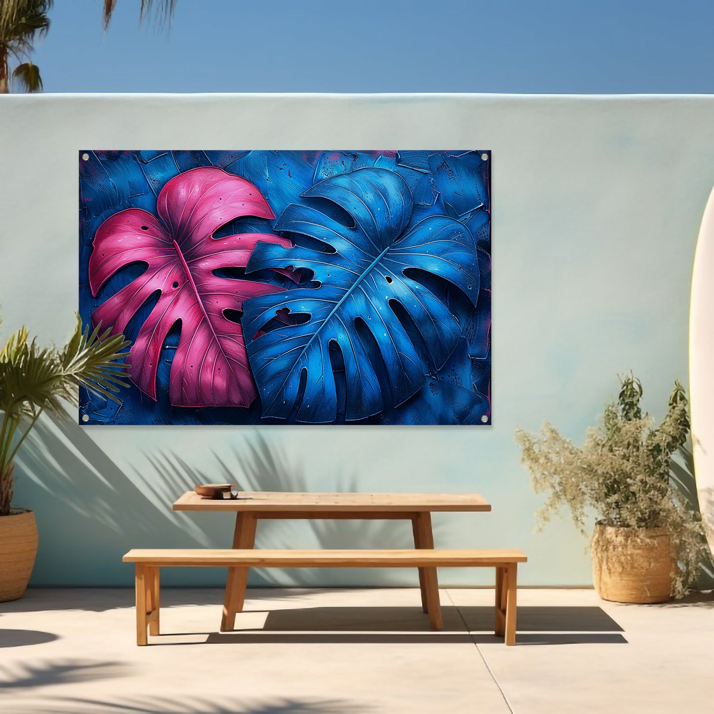 Abstract bladeren in roze en blauw tuinposter
