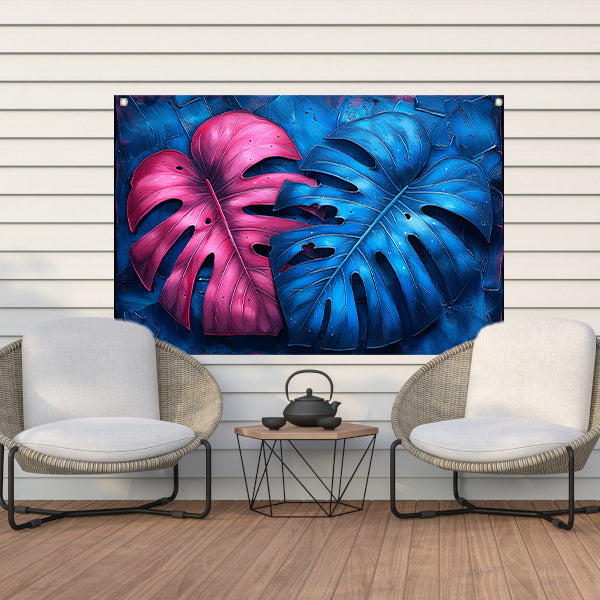 Abstract bladeren in roze en blauw tuinposter
