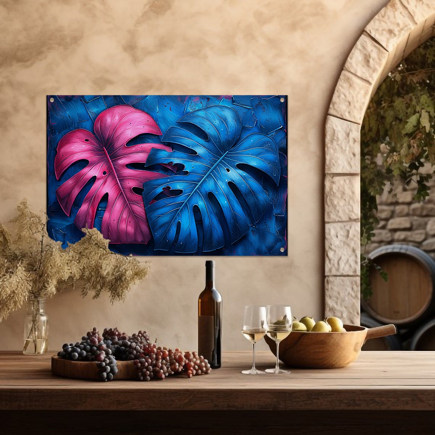 Abstract bladeren in roze en blauw tuinposter