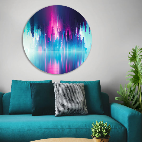 Futuristische skyline met kleurrijke reflecties aluminium muurcirkel