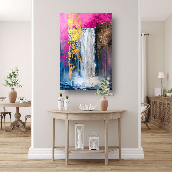Abstract schilderij van waterval met goud canvas