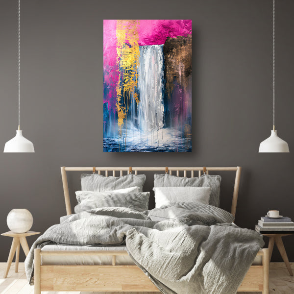 Abstract schilderij van waterval met goud canvas