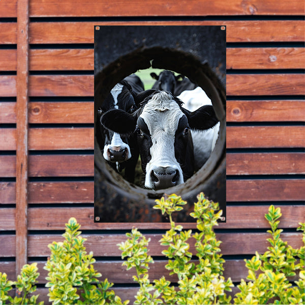 Nieuwsgierige koeien kijken door een wiel tuinposter