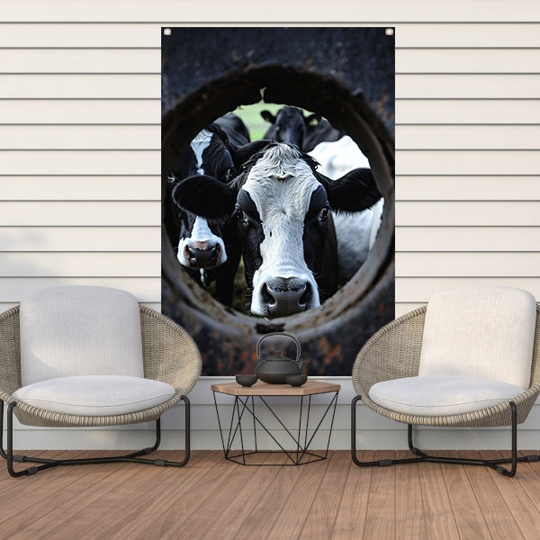 Nieuwsgierige koeien kijken door een wiel tuinposter