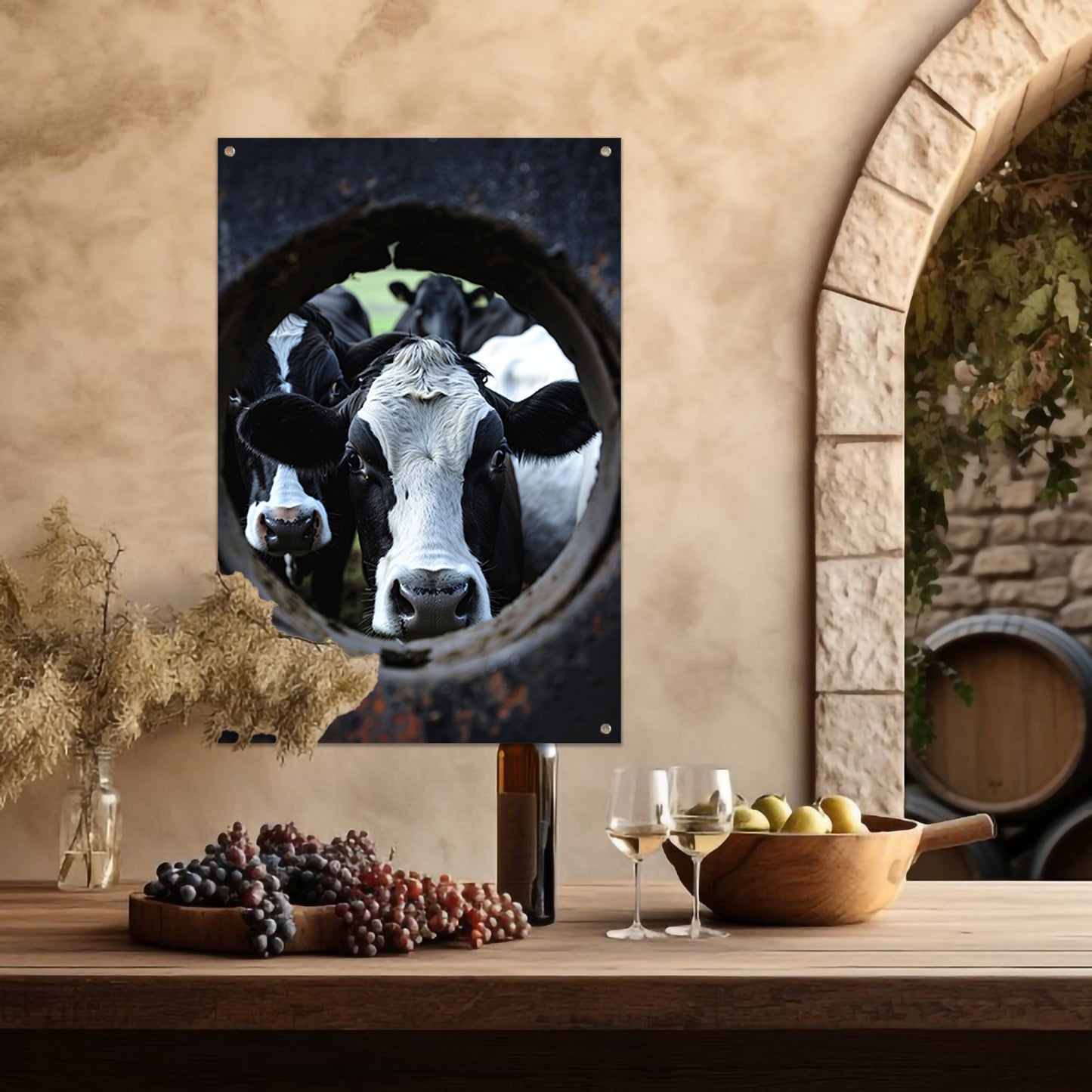 Nieuwsgierige koeien kijken door een wiel tuinposter
