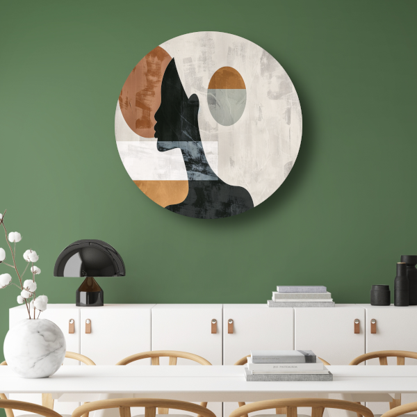 Silhouet van vrouw met minimalistische cirkels aluminium muurcirkel