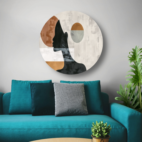 Silhouet van vrouw met minimalistische cirkels aluminium muurcirkel