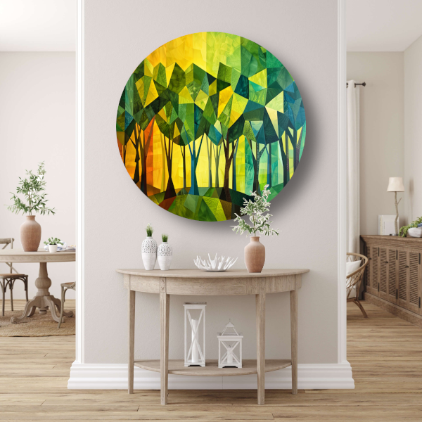 Geometrische Bomen in Levendige Kleuren aluminium muurcirkel
