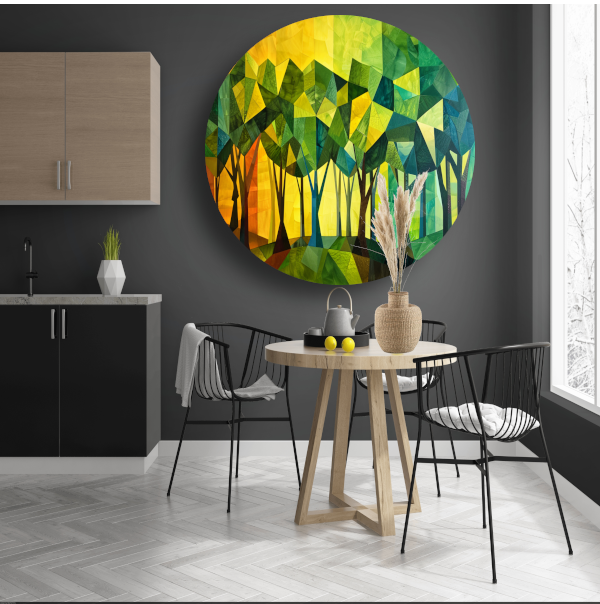 Geometrische Bomen in Levendige Kleuren aluminium muurcirkel