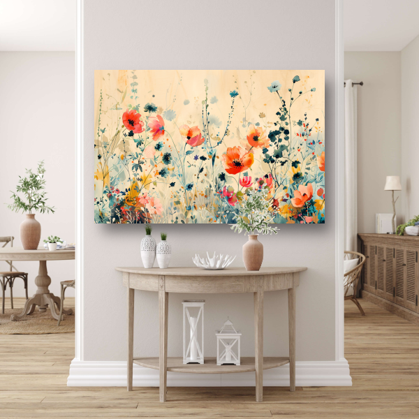 Abstract aquarel schilderij van kleurrijke wilde bloemen canvas