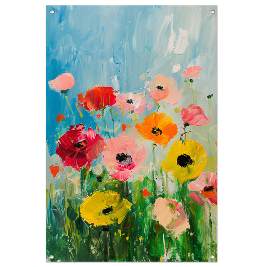 Abstracte kleurrijke bloemen in een veld tuinposter