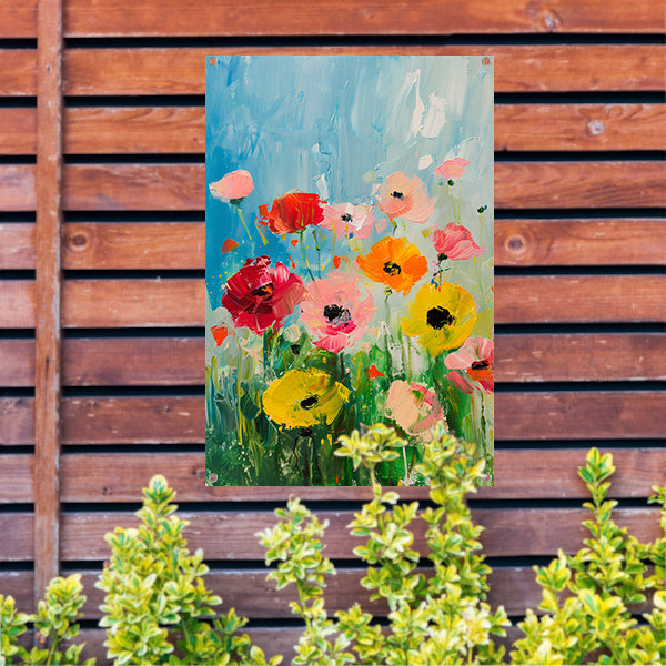 Abstracte kleurrijke bloemen in een veld tuinposter