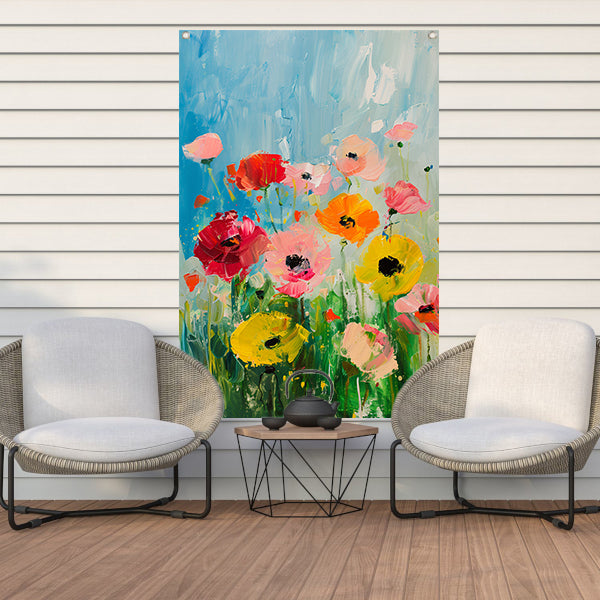 Abstracte kleurrijke bloemen in een veld tuinposter