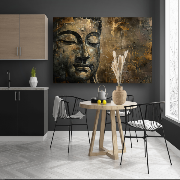Boeddha portret met gouden en zwarte abstracte achtergrond poster