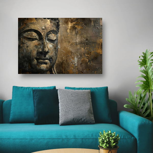 Boeddha portret met gouden en zwarte abstracte achtergrond poster