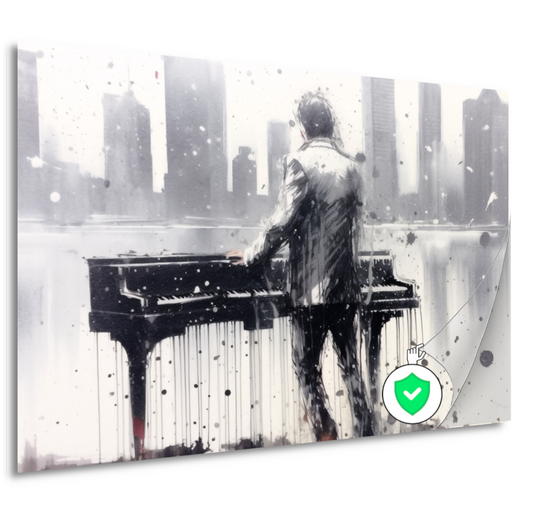 Pianist tegen de achtergrond van een wazige stad poster