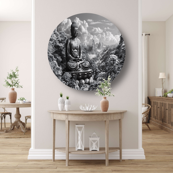Serene Boeddha in monochroom berglandschap aluminium muurcirkel
