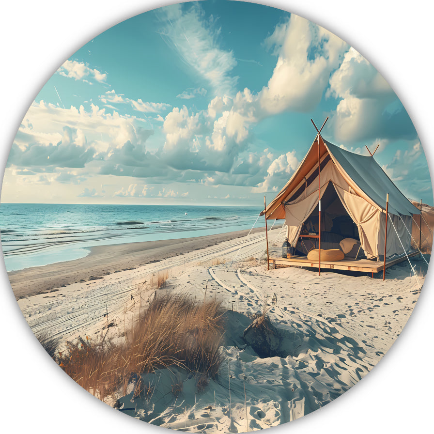 Minimalistische tent op het strand aluminium muurcirkel