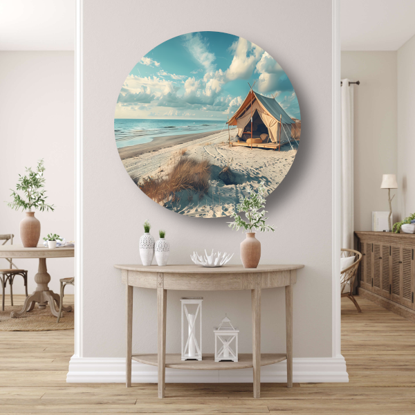 Minimalistische tent op het strand aluminium muurcirkel