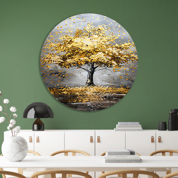 Majestueuze gouden boom in abstract landschap aluminium muurcirkel
