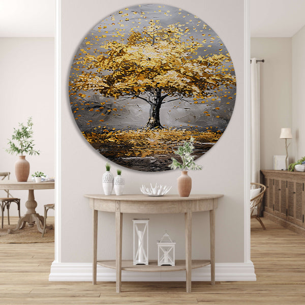 Majestueuze gouden boom in abstract landschap aluminium muurcirkel