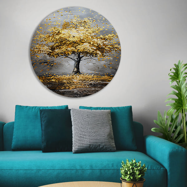 Majestueuze gouden boom in abstract landschap aluminium muurcirkel