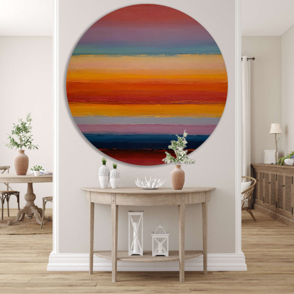Abstracte horizon in warme zonsondergangstinten aluminium muurcirkel