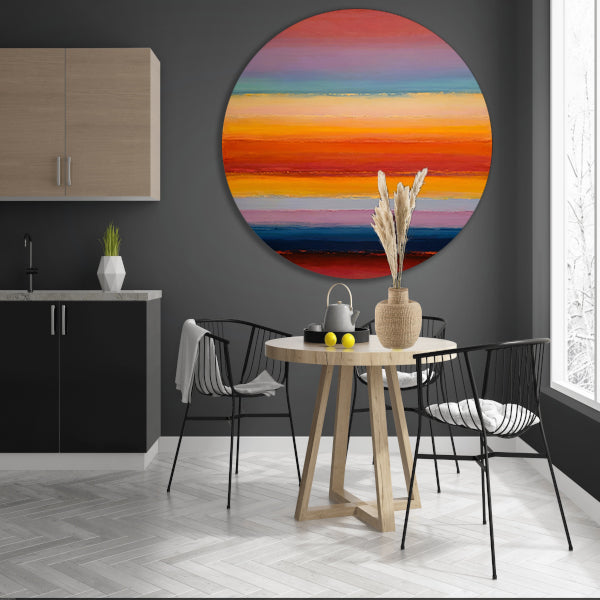 Abstracte horizon in warme zonsondergangstinten aluminium muurcirkel
