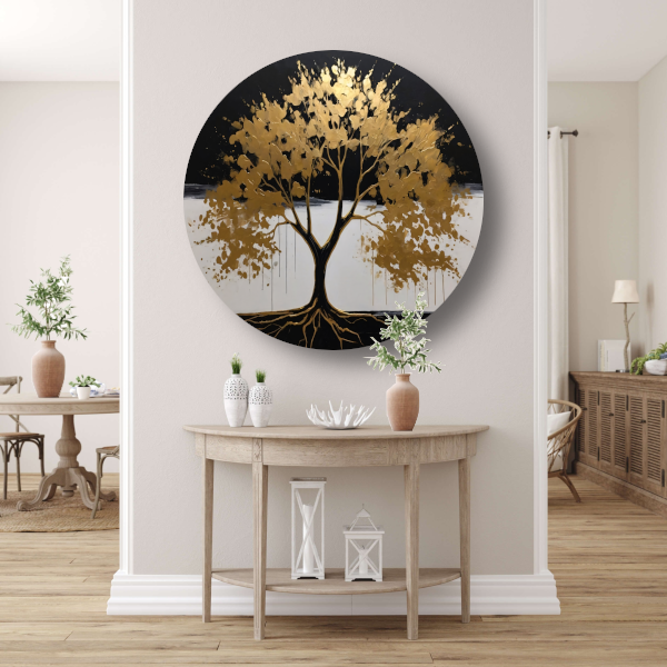 Gouden boom tegen nachtelijke hemel aluminium muurcirkel