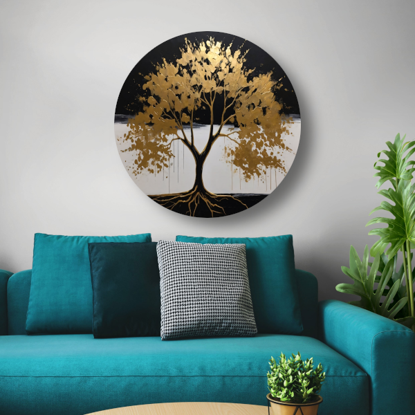 Gouden boom tegen nachtelijke hemel aluminium muurcirkel